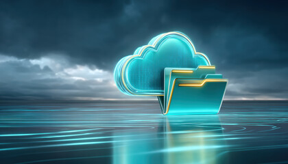 Cloud storage folder glowing over digital surface with data security and futuristic lighting