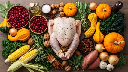 A thanksgiving feast with raw chicken, cranberries, pumpkins, corn, and other autumnal ingredients