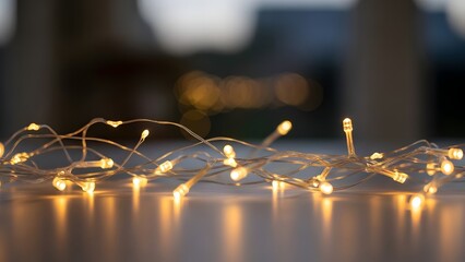 Close up of warm white fairy lights illuminating a surface with a blurred background view outside