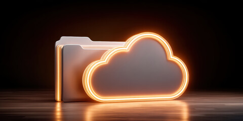 Cloud folder glowing neon icon symbolizes secure data storage and cloud security backup