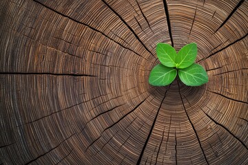 Green sprout emerging from a weathered tree stump, symbolizing new beginnings, rebirth, hope, and environmental resilience. Copy space