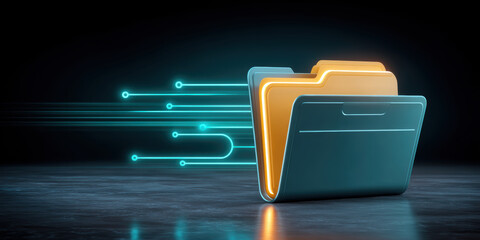 Glowing data folder concept showing security and fast digital transfer with neon lines