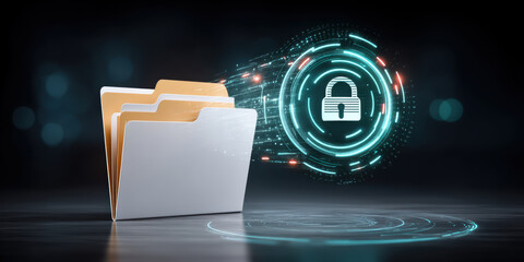 Secure file folder with glowing digital lock icon data security protecting confidential records