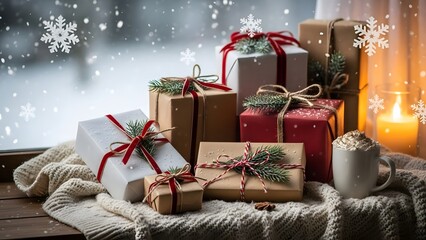 Festive gifts and a warm drink with snowflakes falling outside on a cozy winter christmas scene