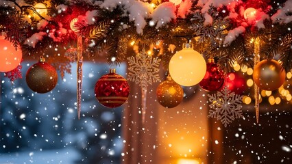 Decorated christmas tree branch with ornaments and snow falling in a cozy warm light scene