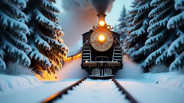 classic steam locomotive surrounded by fresh winter snow