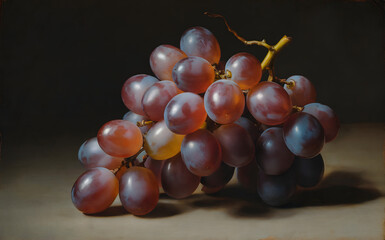 Realistic red grapes bunch oil painting, classic still life fruit on dark background, ripe purple food illustration, fresh organic wine ingredient, vintage art for kitchen decor, juicy sweet harvest.