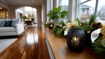 A tranquil interior showcasing soft glowing candles among lush holiday greenery, creating a peaceful and festive environment for gatherings and celebration.