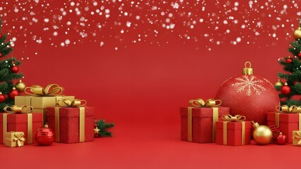 Festive christmas scene with gifts ornaments and trees against a red background with snow effects
