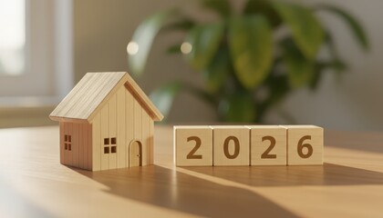 Wooden miniature house and 2026 blocks on a sunny table. Concept of future real estate investment and housing market.