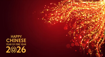 Red background with abstract golden light trails and lanterns. Representative of Chinese New Year, Year of Fire Year 2026 celebration, and festive spirit.