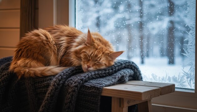 Cozy winter scene: A fluffy ginger cat sleeps peacefully on a knitted blanket by a window with falling snow and frost. - Powered by Adobe