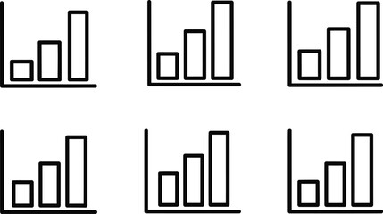 Obraz premium Set of six simple black outline bar chart icons showing increasing data trends for business analytics and reporting concepts