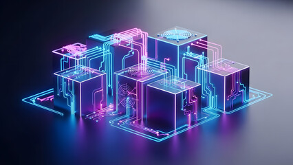 An abstract design of interconnected circuits glows with neon light, suggesting futuristic technology. The artwork evokes a sense of innovation and digital transformation