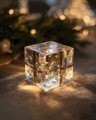 Shimmering transparent holiday gift box featuring inner glowing sparkles and premium seasonal elegance