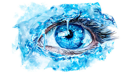 Surreal close-up of a bright blue eye embedded in ice, blending cold elements with human emotion and conceptual fantasy imagery.