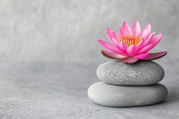 Fototapeta premium Pink lotus flower resting on stacked zen stones, creating a peaceful and harmonious spa concept with copy space