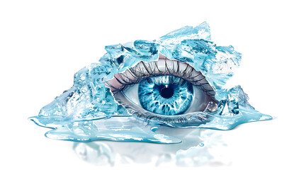 Surreal close-up of a bright blue eye embedded in ice, blending cold elements with human emotion and conceptual fantasy imagery.