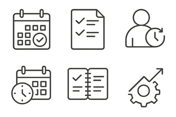 Linear icons: calendar, checklist, time management, efficiency symbols