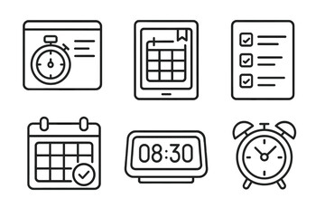 Clock and calendar line icons set for time management and scheduling