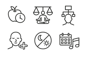 Set of wellness and time management icons featuring yoga, routine, meditation, balance, and schedule