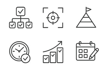 Fototapeta premium Business planning icons: checklist, focus, pyramid, clock, growth, calendar symbol set