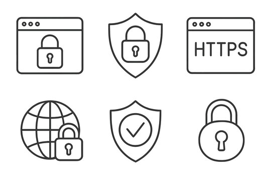 Cybersecurity icons set: lock, shield, internet, secure https