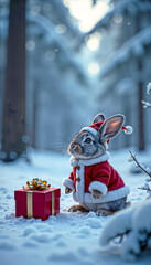 Cute Bunny in Santa Suit Sitting in Snowy Forest with Gift Box