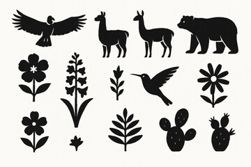 Fototapeta premium Peruvian flora and fauna vector silhouettes in torn textured simple grid on white background