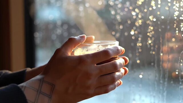 Cinematic shot of hot steam rising from a glass mug held by tattooed hands against a blurry, bokeh window background, suitable for warmth and relaxation concepts.