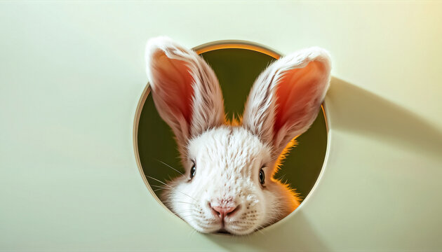 White Rabbit Peering through a Circular Hole, Curiosity Concept, Easter Egg