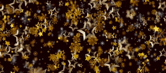 Festive abstract background of golden stars and snowflakes on a dark backdrop. Ideal for holiday greetings, Christmas de © vegefox.com