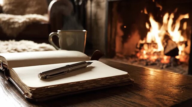 Close-up of an open antique journal with a fountain pen resting on blank pages next to a steaming cup and a glowing fireplace, perfect for winter coziness and literary creativity.