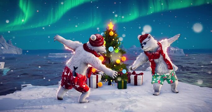 Christmas Party: Funny polar bears dance on an ice floe among icebergs at the North Pole. Animated 3D video for holiday events, greeting cards, and winter-themed content.