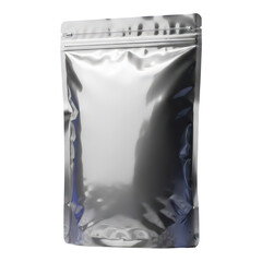 Blank silver foil stand up pouch bag with zipper seal isolated on transparent background