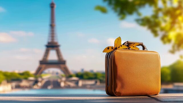 Travel suitcase leather brown butterfly eiffel tower paris france sunrise romantic vacation adventure hopeful mood near landmark sunny wanderlust
