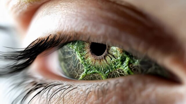 Closeup human eye green iris macro detail organic texture surreal pattern biology concept medical theme abstract vision eyelash pupil focus macro eye