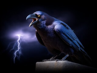 Fototapeta premium Raven squawking during dark stormy night with lightning