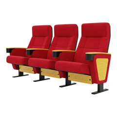 Obraz premium Three red cinema or theater seats with yellow accents isolated on transparent background