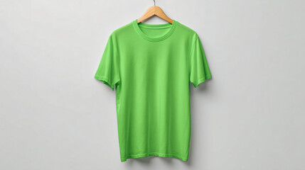 Bright lime green tshirt hanging on a wooden hanger