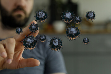Concept of health care and disease control. Man hand touching viruses floating in the air. Coronavirus outbrea