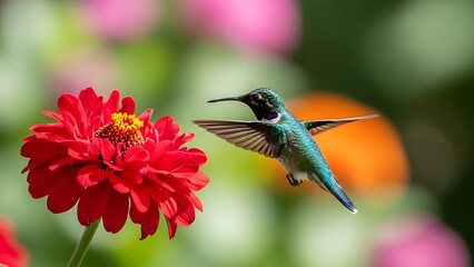 Naklejka premium Hummingbird hovering near bright red zinnia flower in garden