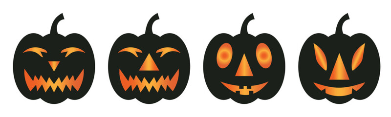 Set of four Halloween pumpkin faces, each with unique expressions and glowing orange eyes, perfect for spooky season designs, Halloween-themed graphics, party invitations, and decorations