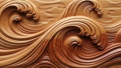 Intricate wooden carving of ocean waves with warm brown tones and detailed texture