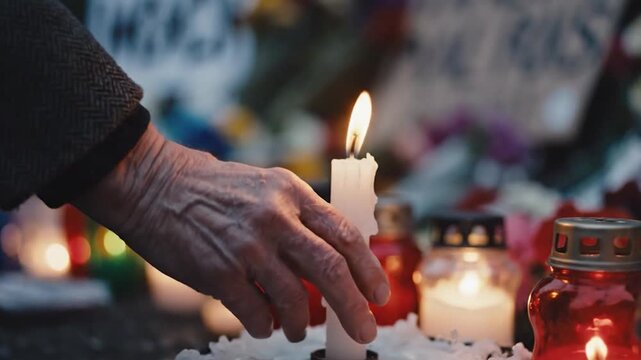 Hand placing lit candle at a solemn memorial vigil for remembrance.