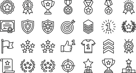 Award icons set, achievement and ranking illustration collection, trophy medal badge symbols, certification success graphics, winner recognition elements for competition and excellence