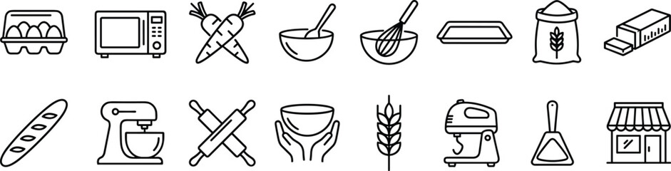 Baking and cooking icons set, kitchen tools and ingredients illustrations, bakery equipment symbols, food preparation graphics for culinary and bakery projects