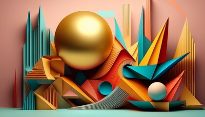 abstract geometric composition featuring colorful paper structures in various shapes and sizes with a shiny golden sphere showcasing modern design and artistic creativity