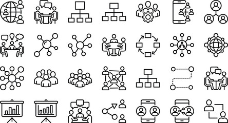 Business communication icon set, teamwork collaboration symbols, global networking illustration, organizational structure graphics, corporate workflow process elements