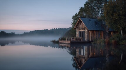 Lakeside cabin at dusk, reflecting in the tranquil water of the lake.